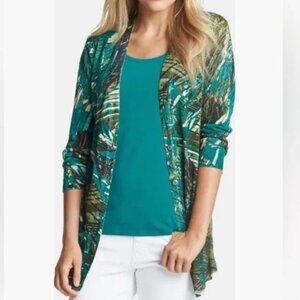 NWT NIC+ZOE Print Linen Blend Long Lightweight Cardigan Green Teal XL Resort